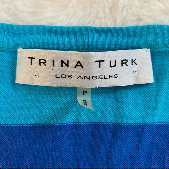 Trina Turk Women's Top Small Petite Blue Striped Cotton Blend Short Sleeve‎ - Picture 4 of 8